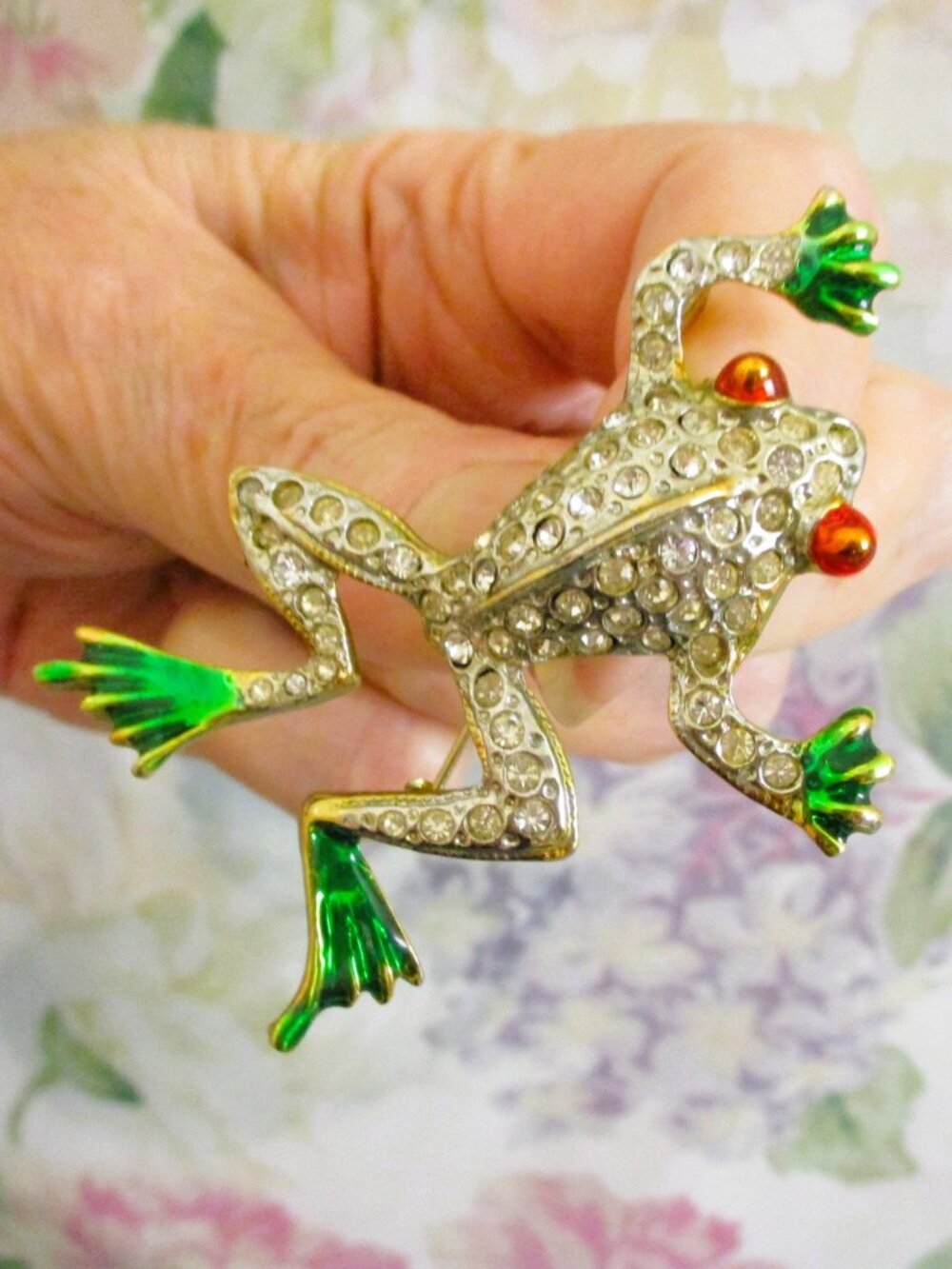 VINTAGE Rhinestone Frog Brooch: Silver Guilloche Enamel, Lucite Amphibian Pin
